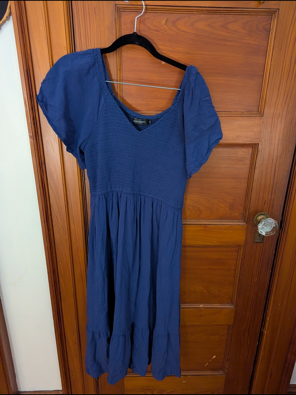 Blue Women's V-Neck Smocked Midi Dress
